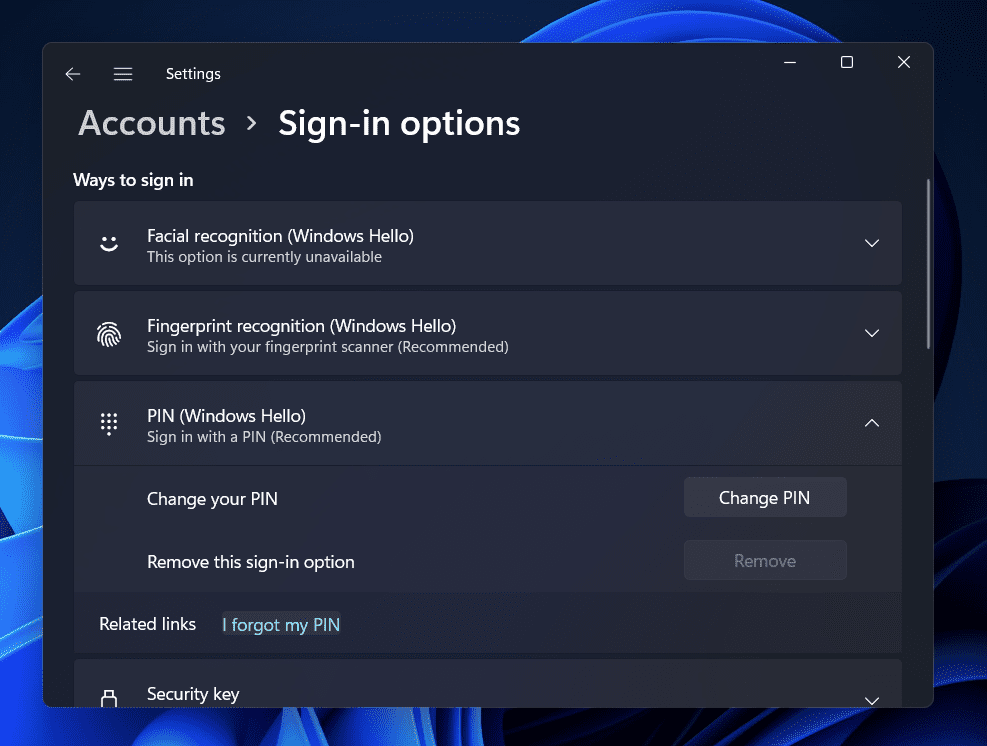 Beheben Sie die ausgegraute Schaltfläche zum Entfernen der Windows HelloPIN in Windows 11