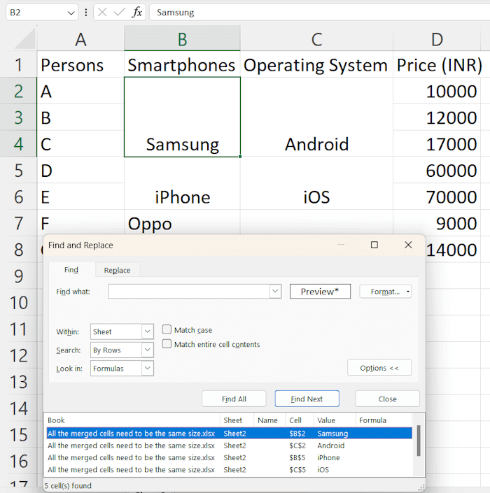 Alle zusammengeführten Zellen müssen die gleiche Größe haben. Excel