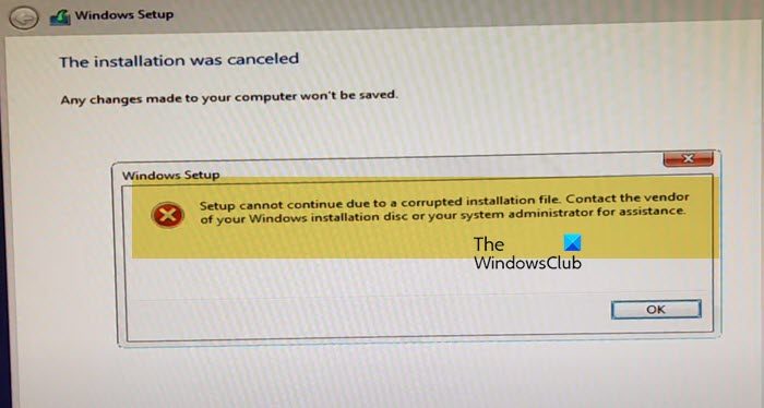 Das Windows-Setup kann aufgrund einer beschädigten Installationsdatei ...