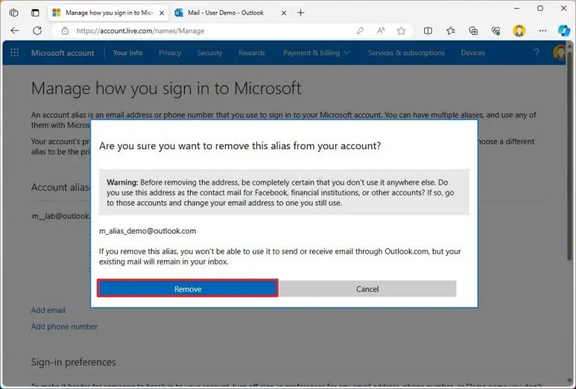 How to create Microsoft account email alias for Outlook
