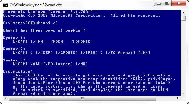 Windows 7/8/10 の WHOAMI ユーティリティとその使用法、構文、コマンド
