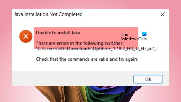 Não é possível instalar o Java; Existem erros nas seguintes opções ...