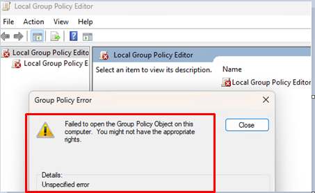 Échec d'ouvrir l'objet de stratégie de groupe sur un ordinateur