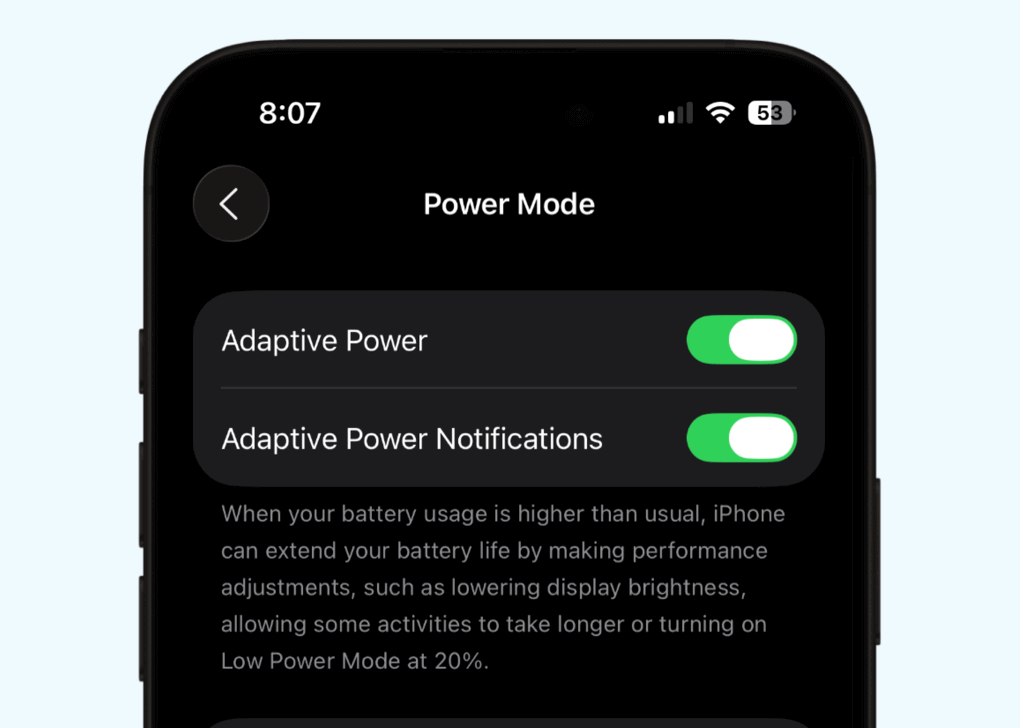 iOS 26: Hogyan lehet bekapcsolni vagy kikapcsolni az adaptív teljesítmény módot az iPhone