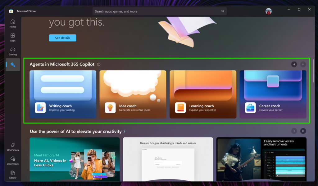 Microsoft Storeの更新AIハブにCopilotエージェントが追加され、アプリのダウンロードを容易にする
