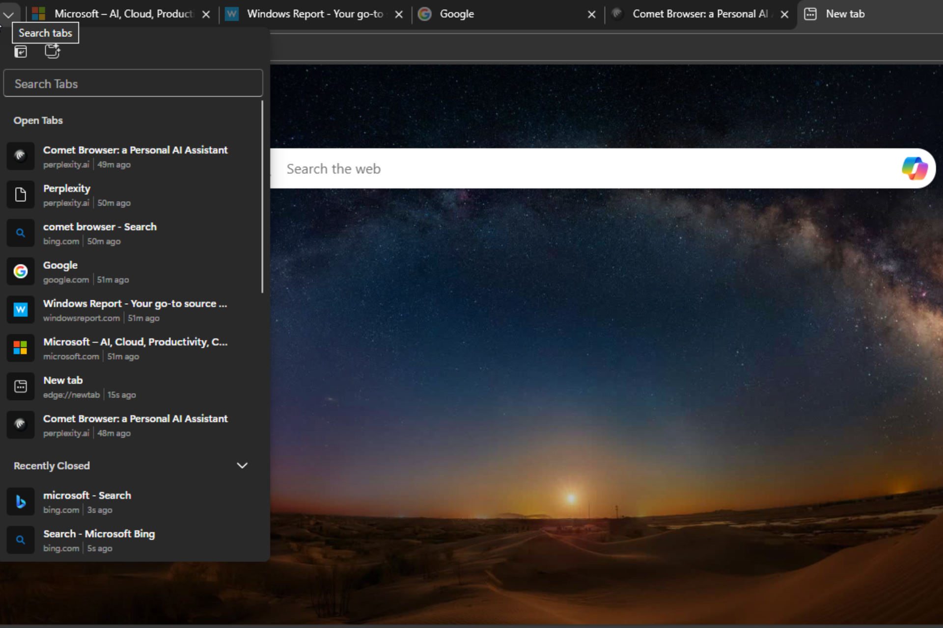 Microsoft Edge legt schließlich die Registerkartensuche ab Oktober 2025 ein