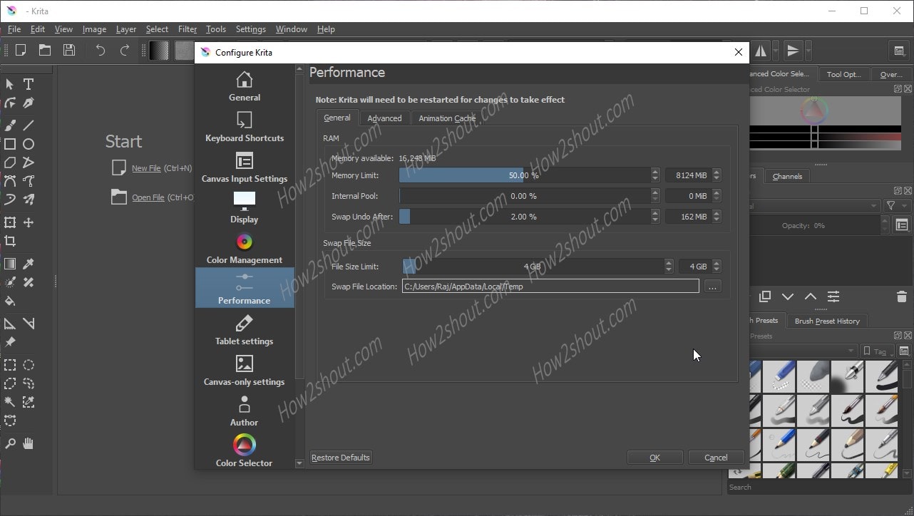 Come aumentare la memoria (RAM) nel software di pittura di krita