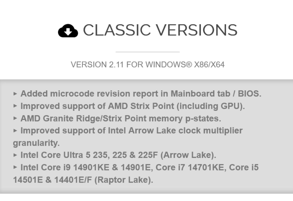 Intel Core Ultra 5 235、225、225FプロセッサをサポートしたCPU-Zアップデートバージョン2.11