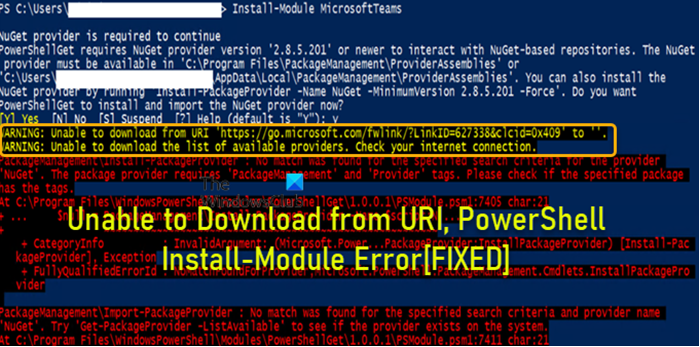 installation - windows powershell returns error for... No se puede descargar desde URI, error del módulo de instalación de ...