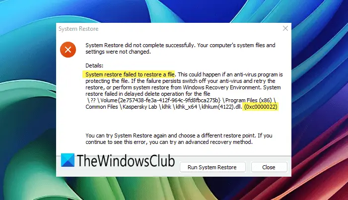 Il Ripristino configurazione di sistema non è riuscito a ripristinare un file (0xc0000022)