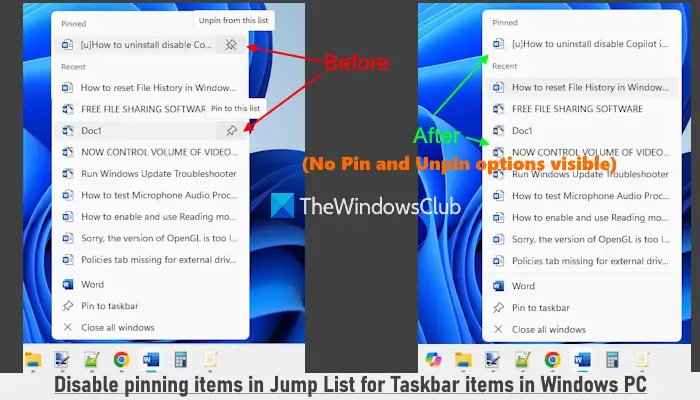 Cómo deshabilitar la fijación de elementos en Jump List para elementos de la barra de tareas en Windows 11