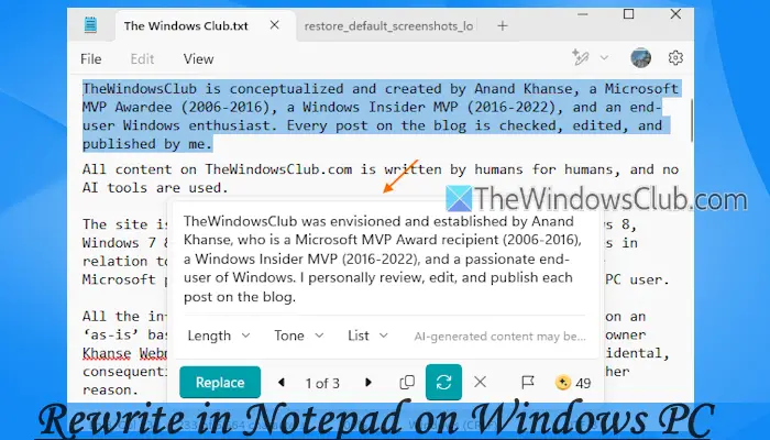 Cómo habilitar y usar Rewrite AI en el Bloc de notas en Windows 11