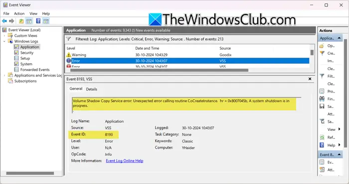 Error de VSS, error inesperado al llamar a la rutina CoCreateInstance