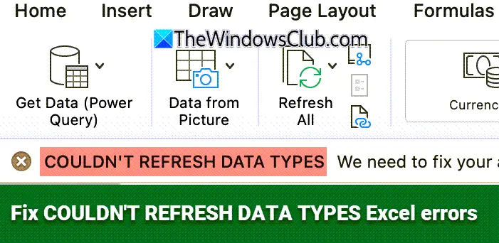 Correggi gli errori IMPOSSIBILE AGGIORNARE I TIPI DI DATI in Excel