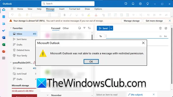 Microsoft Outlook non è riuscito a creare un messaggio con autorizzazione limitata