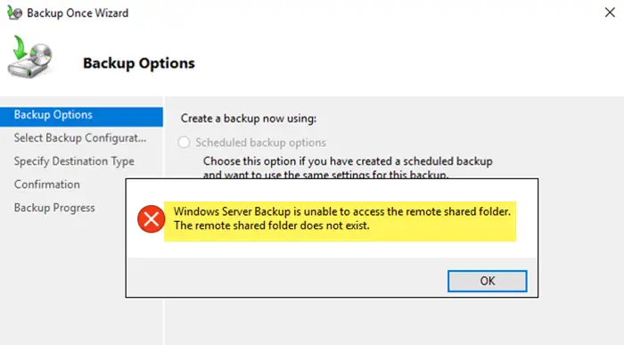 Il backup di Windows Server non è in grado di accedere alla cartella condivisa remota