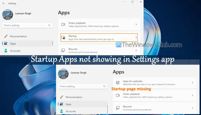 Startappar visas inte i appen Inställningar i Windows 11 [Fix]