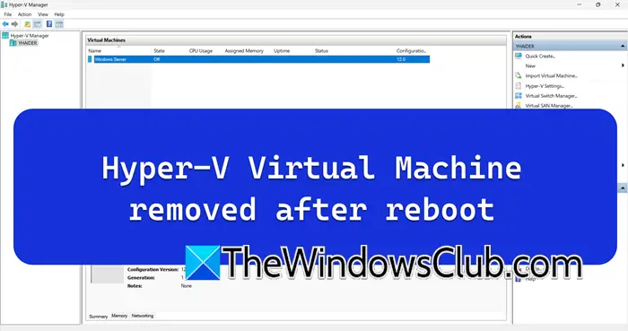 Máquina virtual Hyper-V eliminada después del reinicio