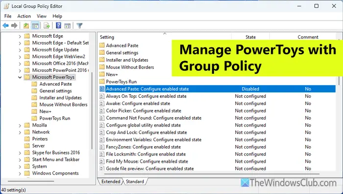 Gestisci Powertoys con la politica di gruppo in Windows 11