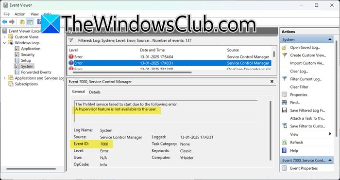 Une fonctionnalité d'hyperviseur n'est pas disponible pour l'utilisateur, ID d'événement 7000