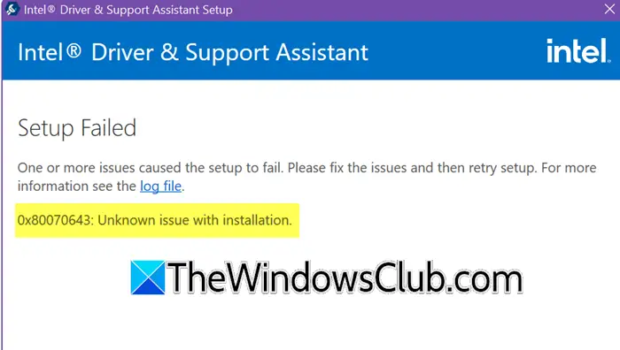 Intel Driver &amp; Support Assist Instalación Error de instalación 0x80070643 [Corrección]