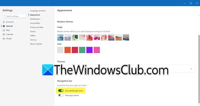 Mostrar ou ocultar ícones coloridos e nomes de aplicativos no aplicativo Outlook (novo) para Windows 11