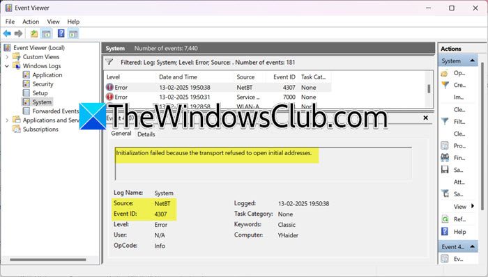 Ідентифікатор події NETBT 4307, ініціалізація не вдалася, оскільки транспорт відмовився відкривати початкові адреси