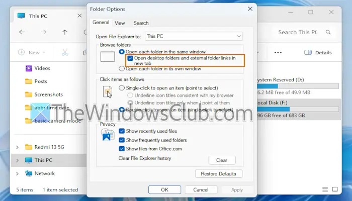 Siempre abra carpetas de escritorio y enlaces de carpetas externos en una nueva pestaña de Explorer en Windows 11