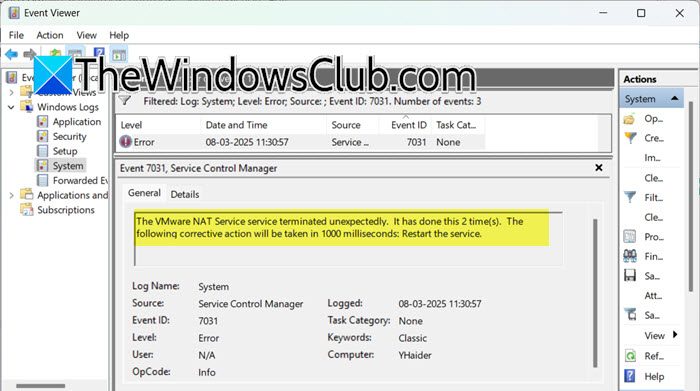 VMware NAT Service Service päättyi odottamatta, tapahtumatunnus 7031